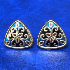 Vtg Aztec Mosiac Triangle Goldtone Blue Red Enamel Clip On Earrings