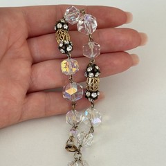 Vintage Clear AB Crystal Gold Tone Flower Openwork Beaded Tassel Bracelet 6.75″