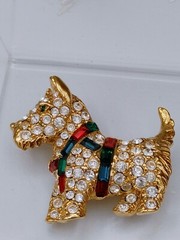 Vintage Scottie Terrier K.J.L I’m Clear Rhinestone Brooch Red Green Harness