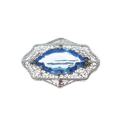 Silver-Tone Antique Art Deco Blue Rhinestone Filigree Pin Brooch