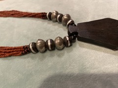 Vintage Handmade Statement Tribal Necklace with Wood, Metal & Red Beads 18”