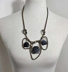 Brass-Tone Statement Necklace Thick Mesh Chain Geometric Rein Black Pendants