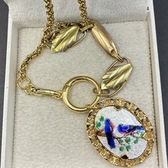 Vintage 12k Gold Filled Pocket Watch Chain FOB, Dog Clip, Guilloche Bluebird