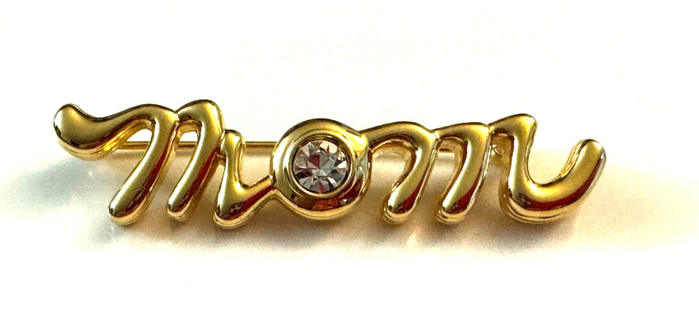 Vintage Gold Tone Clear Rhinestone MOM Brooch Pin Estate Mother’s Day Gift