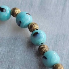 Vintage Lampwork Aqua Blue Glass Bead Necklace Textured Brass Spacers Art Glass