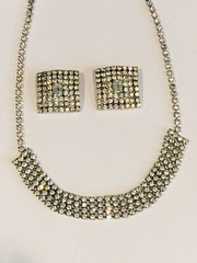 Vtg WEISS Sparkling Clear Rhinestones Square Shape Earrings & Necklace 15” Set
