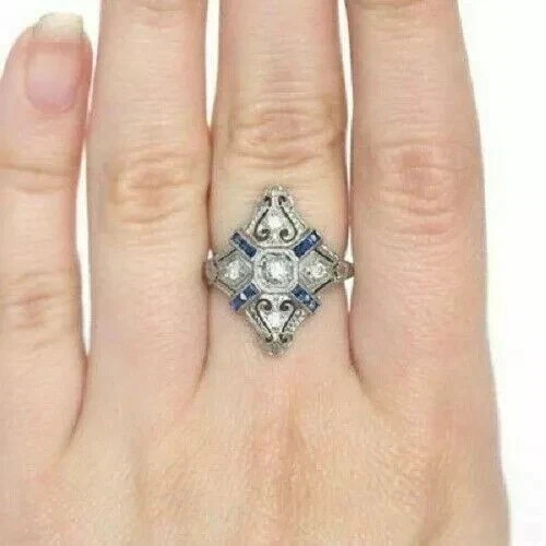 Art Deco LabCreated Sapphire Diamond 1920s Style Engagement 14K Gold Finish Ring
