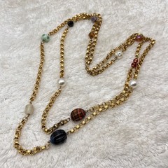 Vintage Rolo Chain Necklace Mixed Stones Two Strand Retro