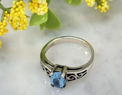 Vtg Signed RDC Sterling Silver 925 Topaz Solitaire Cut Out Scroll Band Ring Sz 5