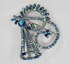 Vintage Hobe Brooch Peacock Blue AB Stones Baguettes Silver Tone 3D Signed
