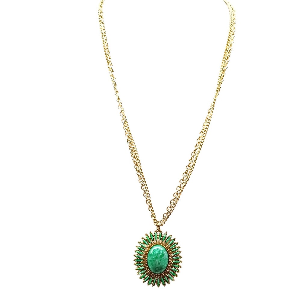 Vintage Gold-Tone Sunburst Pendant Necklace with Green Marbled Cabochon &…