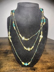 Vintage 56″ Teal & Amber Art Glass Lampwork Bead Long Strand Flapper Necklace