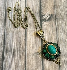 Vintage Scarab Necklace Egyptian Revival Pendant Green Czech Glass Beetle