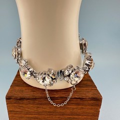 Vintage Austria Crystal Bracelet LG Dentelle Prong Set Silver Tone Safety Chain