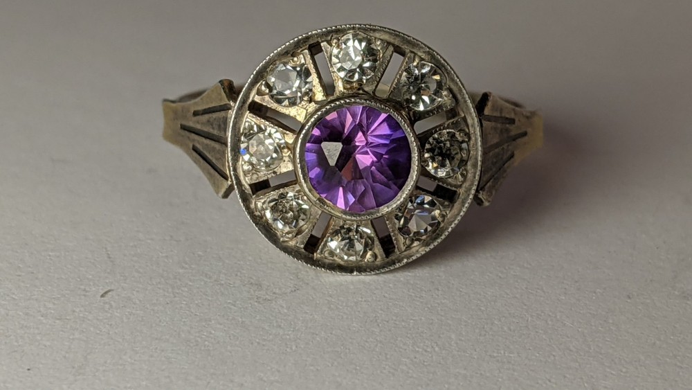 Vintage Soviet silver ring, 875 silver, purple stone with zircons, size 8.5