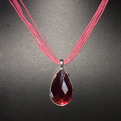 Vintage Statement Pendant Necklace Silver Tone Red Lucite Cord Romantic Academia