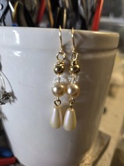 Repurposed Vintage Cream Glass pearl Crystal Teardrop earrings Goldp. Hooks