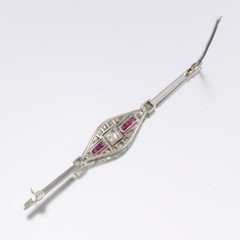 Estate 14k White Gold Art Deco Era Diamond and Ruby Bar Brooch Pin GAL Appraisal