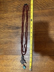 VTG Chinese Carnelian? Coral? Beaded Double Necklace Silver Pendant Turquoise