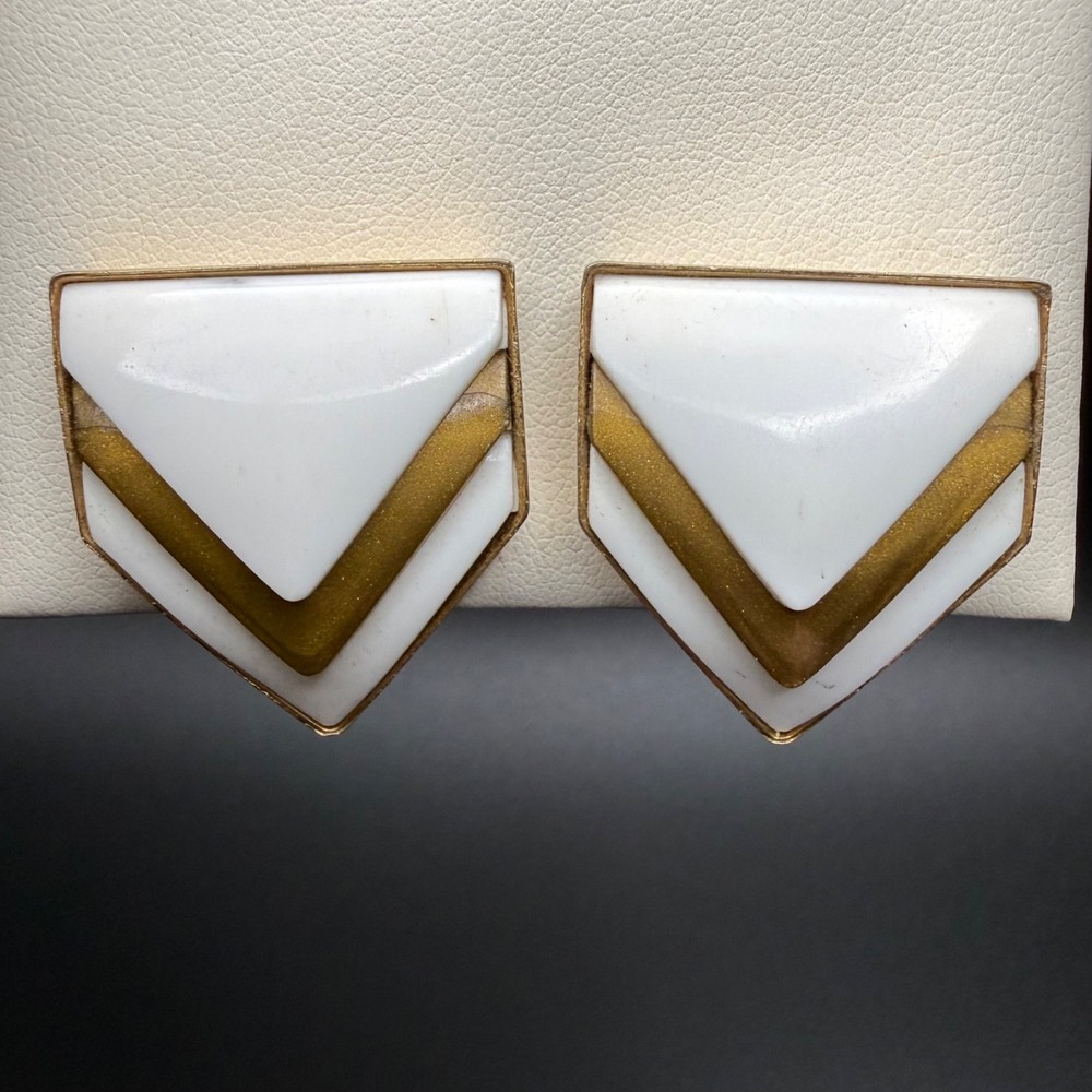 Vintage Gold & White Lucite Clip On Earrings Geometric Chevron Classic 80s Glam