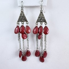 Vintage Long Red Beaded Silver Tone Drop Dangle French Wire Pierced Earrings