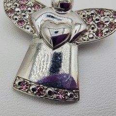 Vintage Angel Holding Heart Brooch Silver Tone Pink Rhinestone Guardian
