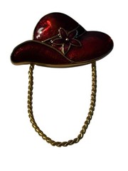 Red Hat Society Brooch Pin Eye Glasses Holder Gold Tone Chain VTG Enamel Shimmer