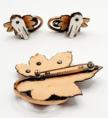 Vintage Matisse Leaf Brooch and Clip On Earrings Copper Enamel Vintage 1950s Set