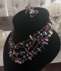 Vintage Blue Pink Amber Beaded Shell Abalone Necklace Earring Set Signed Japan