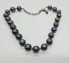 Peacock Black Pearl Hand Strung Beaded Choker Necklace Hand tied knot Vtg 16 in
