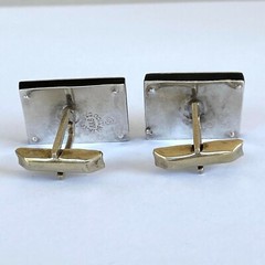 VTG Taxco Mexico Sterling Signed AAB Cuff Links Mid century Mod Aztec Black Onyx