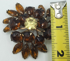 Vintage Rhinestones Brooch Topaz Amber Color Flower Prong Set Stones Pin