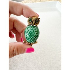 Vintage Owl Brooch Green Ceramic Belly and Green Rhinestone Eyes Gold Tone