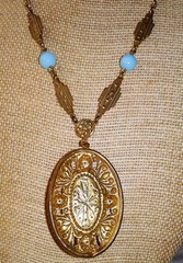 Vintage Czech Turquoise Glass Pendant Necklace Rhinestones