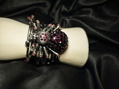 Vintage Spider Statement Ruby Red Rhinestones Silver Adjustable Cuff Bracelet