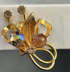 Hobé Gold Tone Flower Clip On Earrings W Amber/Champagne AB Crystals