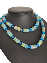 Vintage Blue Polymer Clay Barrel Beads Butterfly Floral Printed Design Necklace