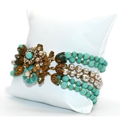 Vintage Signed Miriam Haskell Turquoise Bead Bracelet & Clip On Earrings Set