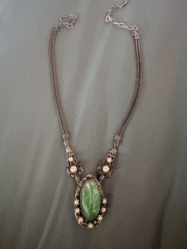 Vintage Green Stone With Pearls Necklace. Estate