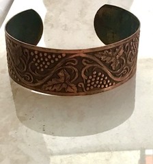 Art Nouveau Style Vintage Solid Copper Cuff Bracelet With Grapes & Leaves Design