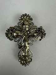 Floral Cross Brooch Gold Tone Turquoise Beads Clear Crystal Rhinestones