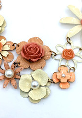 Vintage Enamel Flower Statement Necklace Pink Cream Floral Bib Mod Pop Art