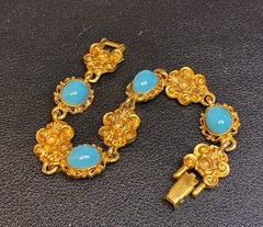 Vintage ART Gold Tone Turquoise Cabochon Link Bracelet 7.5” Signed