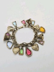 Puffy Hearts Charm Bracelet Toggle Bell Charms Multicolored Rhinestone 6.5 in