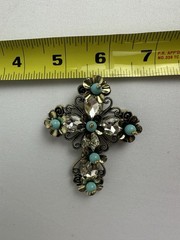 Floral Cross Brooch Gold Tone Turquoise Beads Clear Crystal Rhinestones
