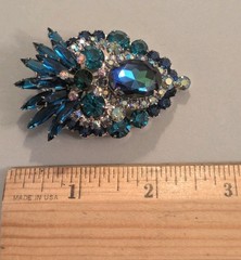DeLizza Elster Juliana Blue Green Rhinestone Brooch Earrings Verified Authentic