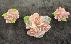 VTG English China Hand Painted Porcelain COALPORT Pink Rose Brooch & Earrings