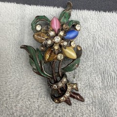 Vintage Pot Metal Brooch Rhinestone Flower REPAIR READ