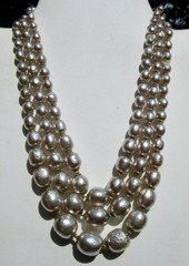 Vintage Miriam Haskell Silver Baroque Glass Pearl 3 Strand Necklace Signed