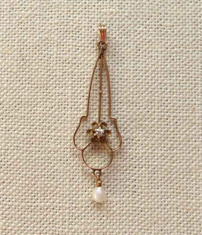 Antique Edwardian Lavalier 10K Gold 2mm Diamond Seed Pearl Pendant Art Nouveau